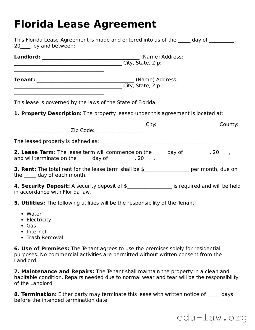Legal  Lease Agreement Template for Florida