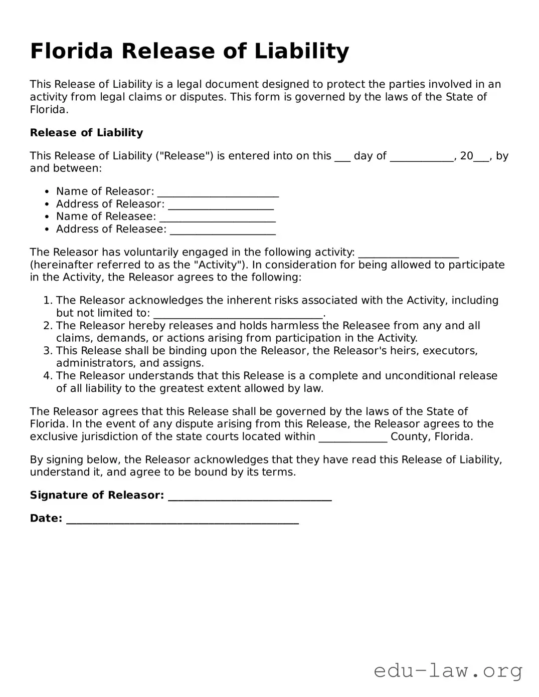 Legal  Release of Liability Template for Florida