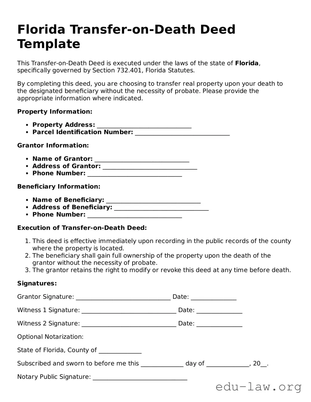 Legal  Transfer-on-Death Deed Template for Florida