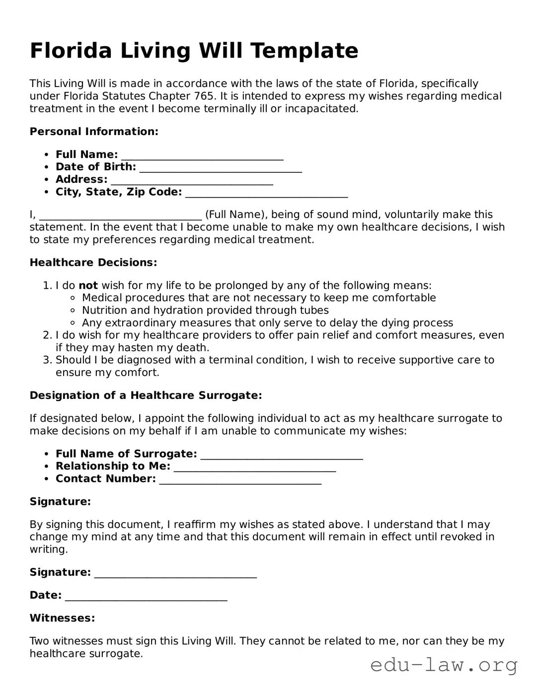 Legal  Living Will Template for Florida