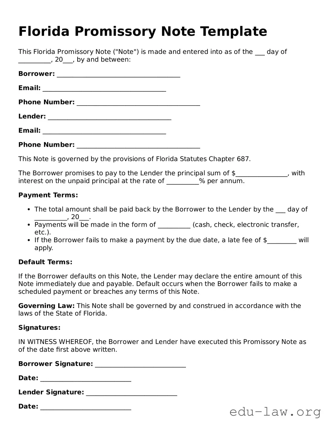 Legal  Promissory Note Template for Florida