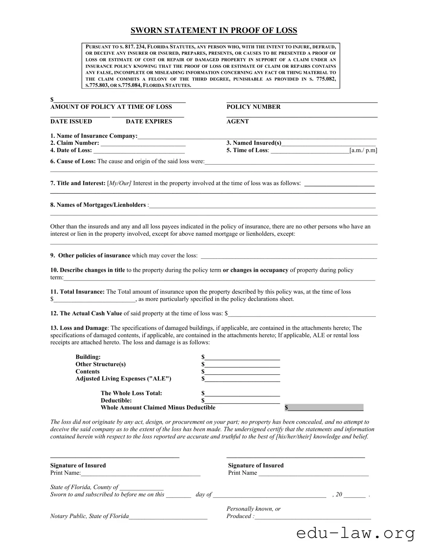 Fill in Your Florida Proof Loss Template