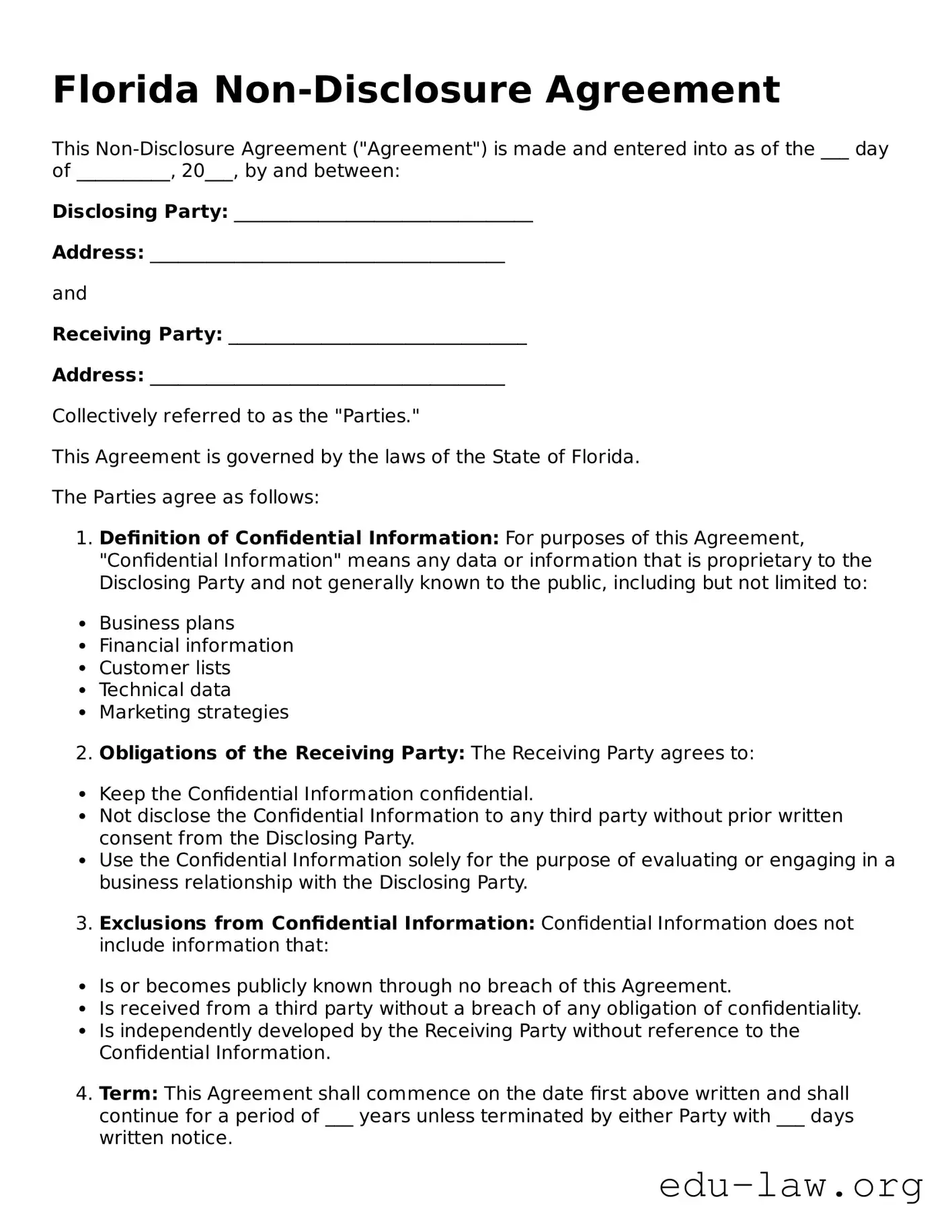 Legal  Non-disclosure Agreement Template for Florida