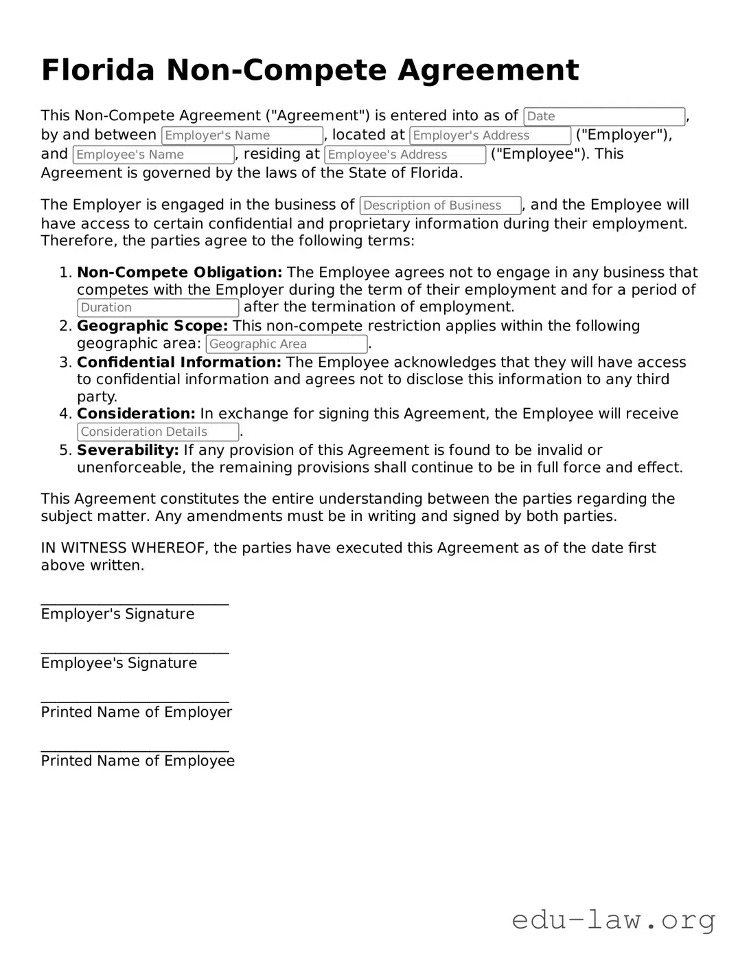 Legal  Non-compete Agreement Template for Florida