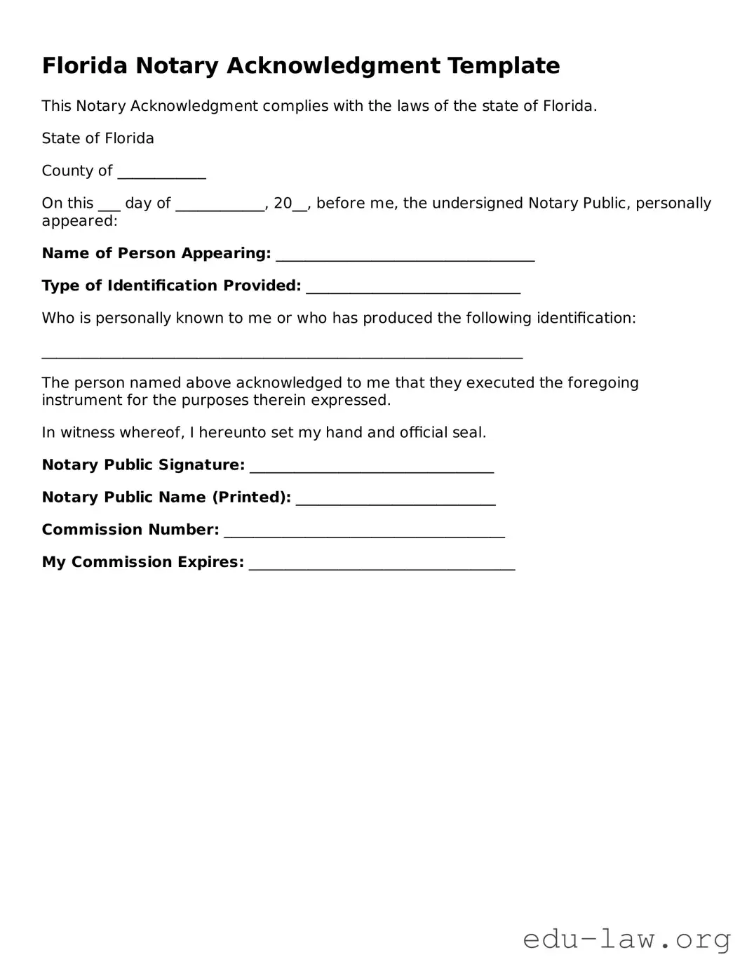 Legal  Notary Acknowledgement Template for Florida