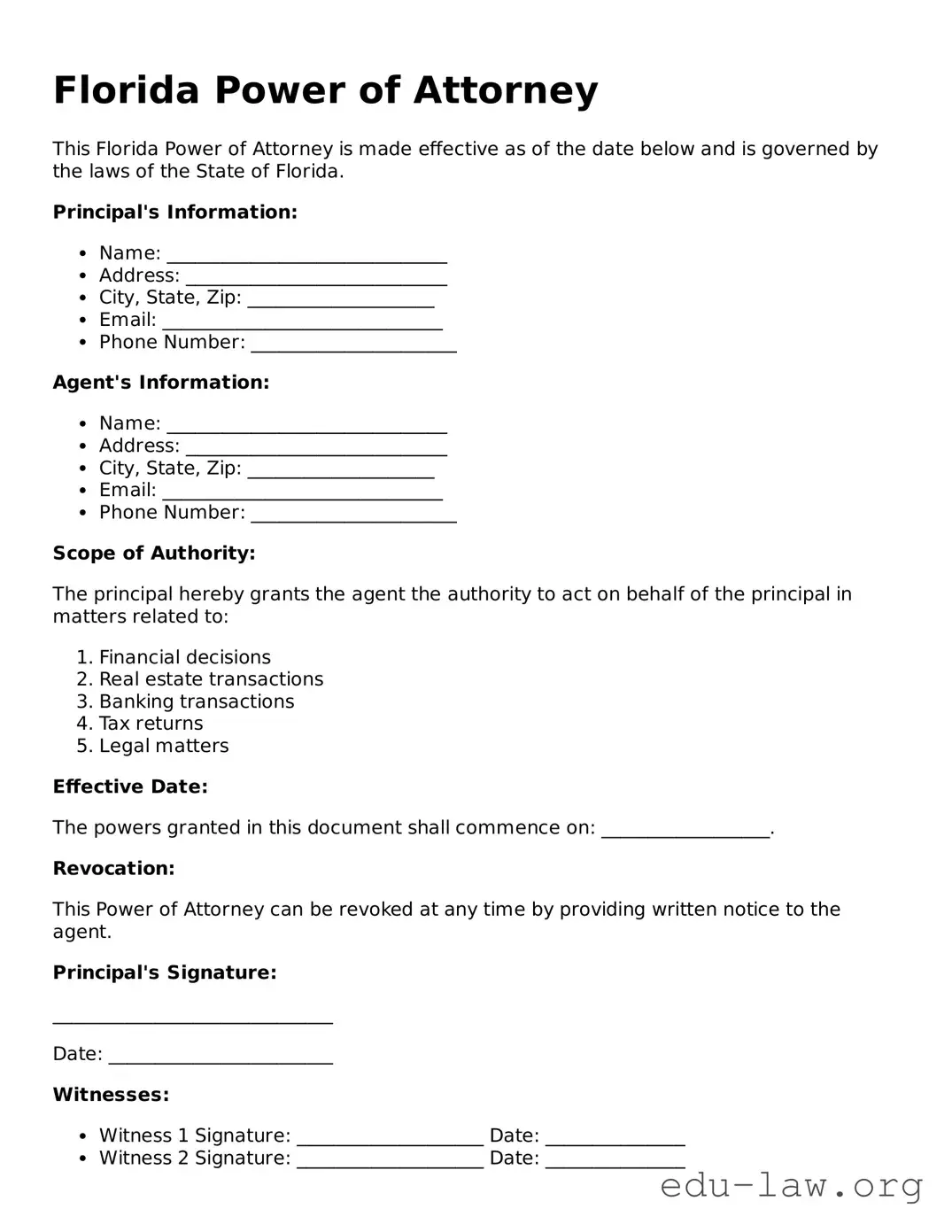 Legal  Power of Attorney Template for Florida