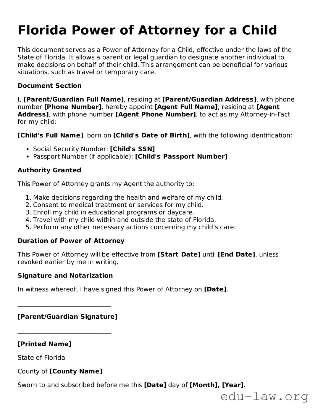 Legal  Power of Attorney for a Child Template for Florida