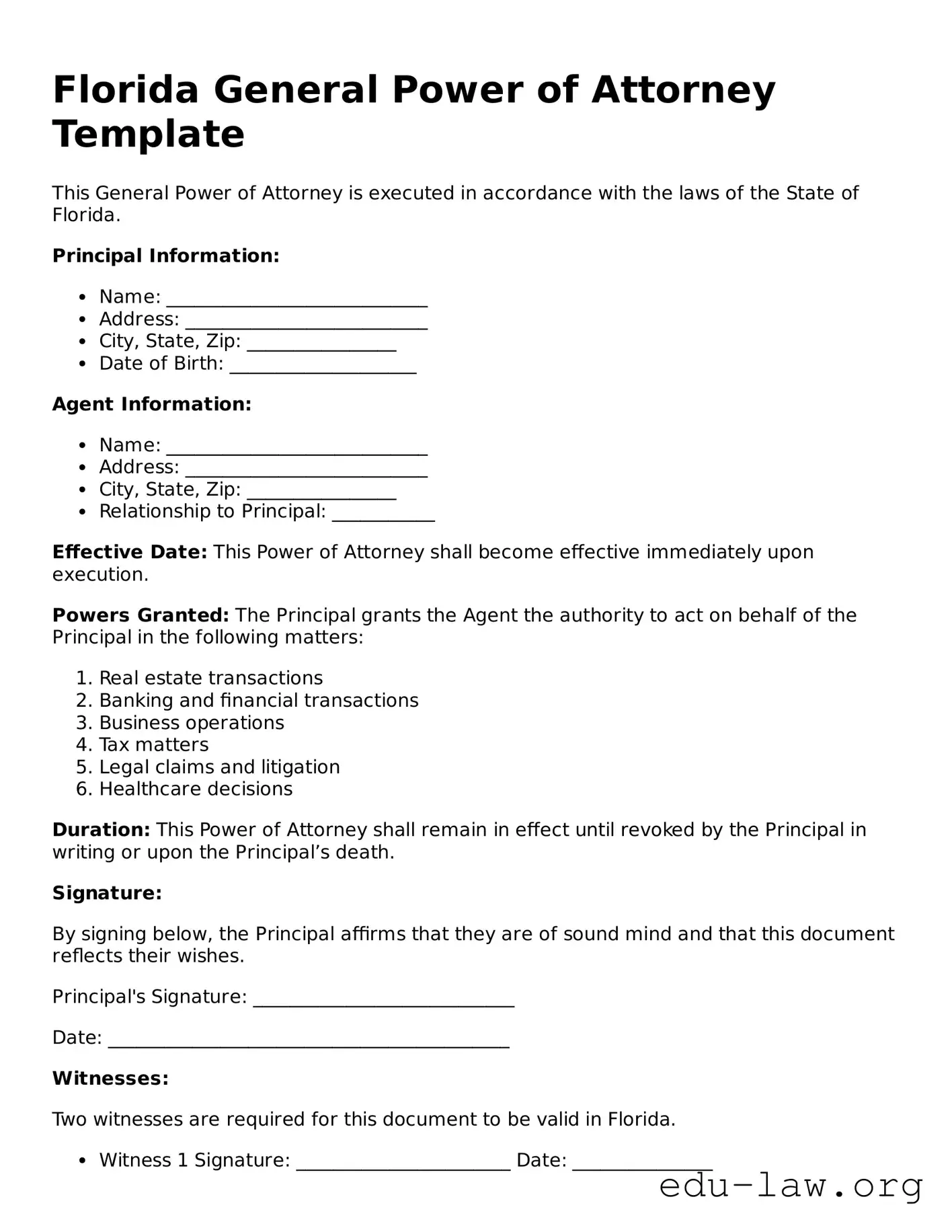 Legal  General Power of Attorney Template for Florida