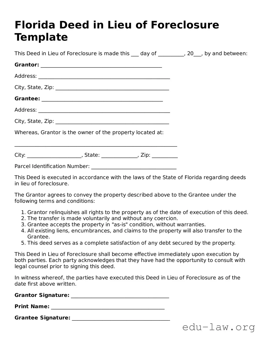 Legal  Deed in Lieu of Foreclosure Template for Florida