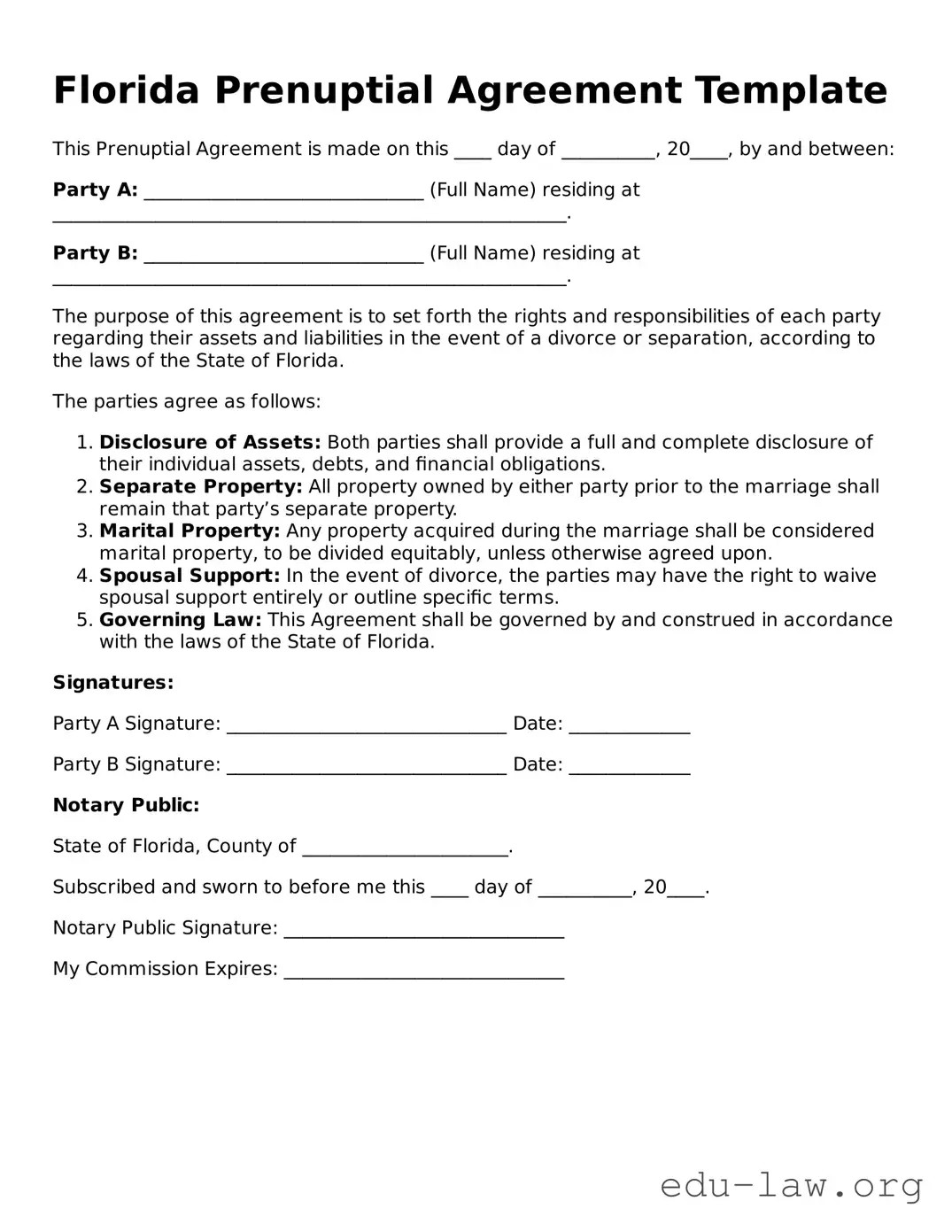 Legal  Prenuptial Agreement Template for Florida