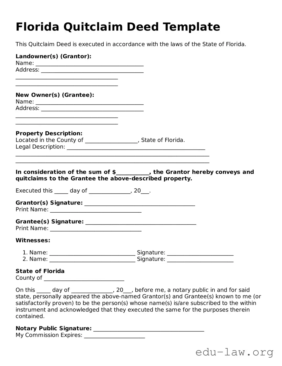 Legal  Quitclaim Deed Template for Florida