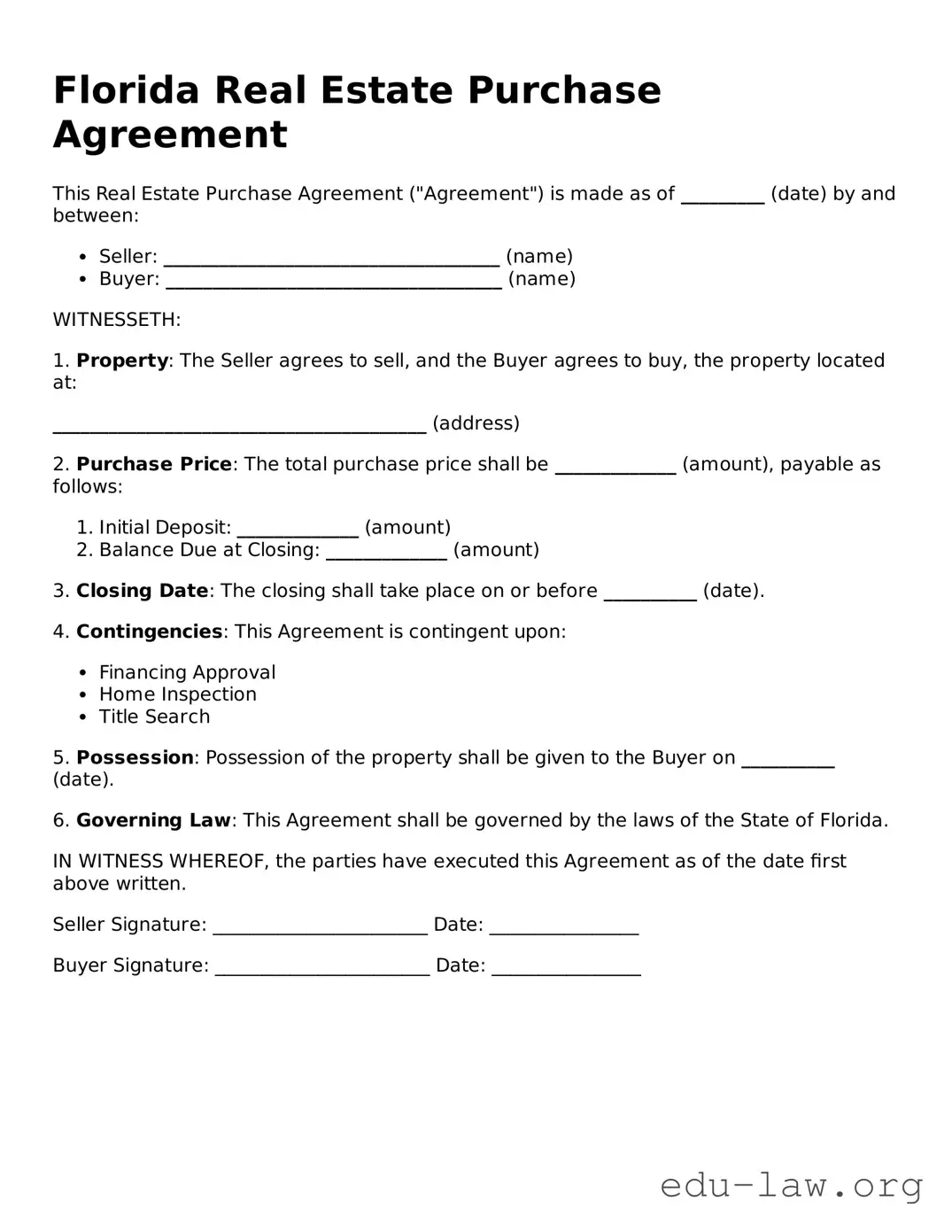 Legal  Real Estate Purchase Agreement Template for Florida