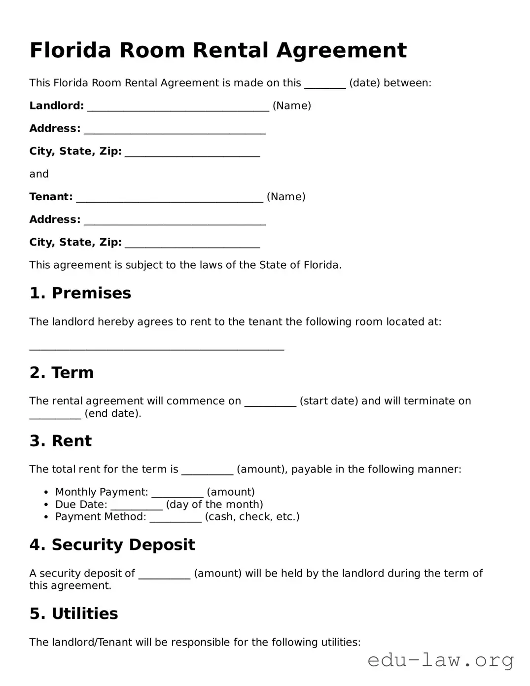 Legal  Room Rental Agreement Template for Florida