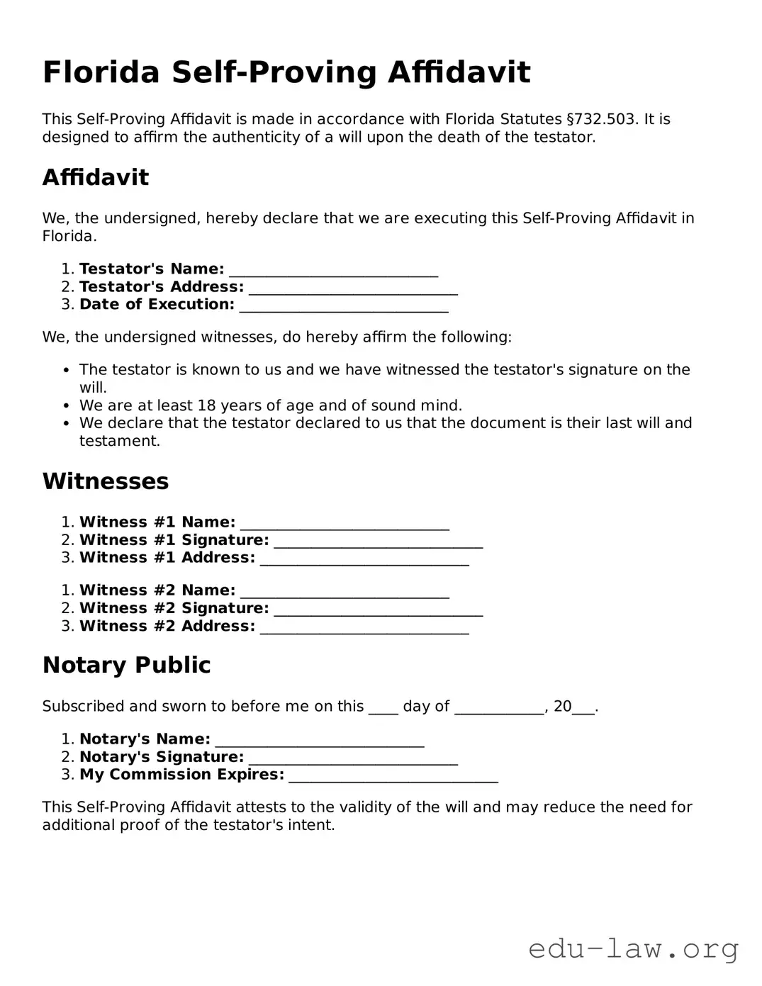 Legal  Self-Proving Affidavit Template for Florida