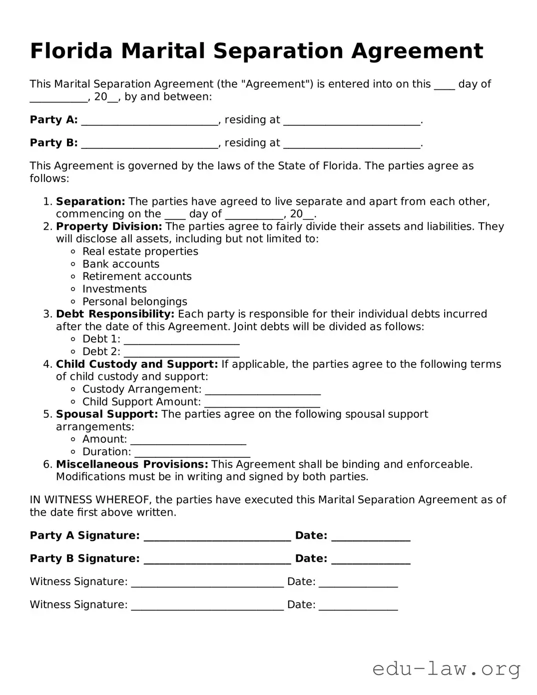 Legal  Marital Separation Agreement Template for Florida