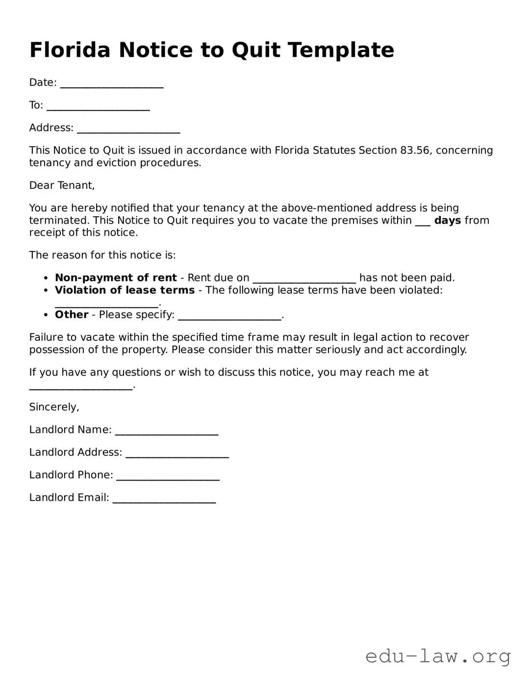 Legal  Notice to Quit Template for Florida