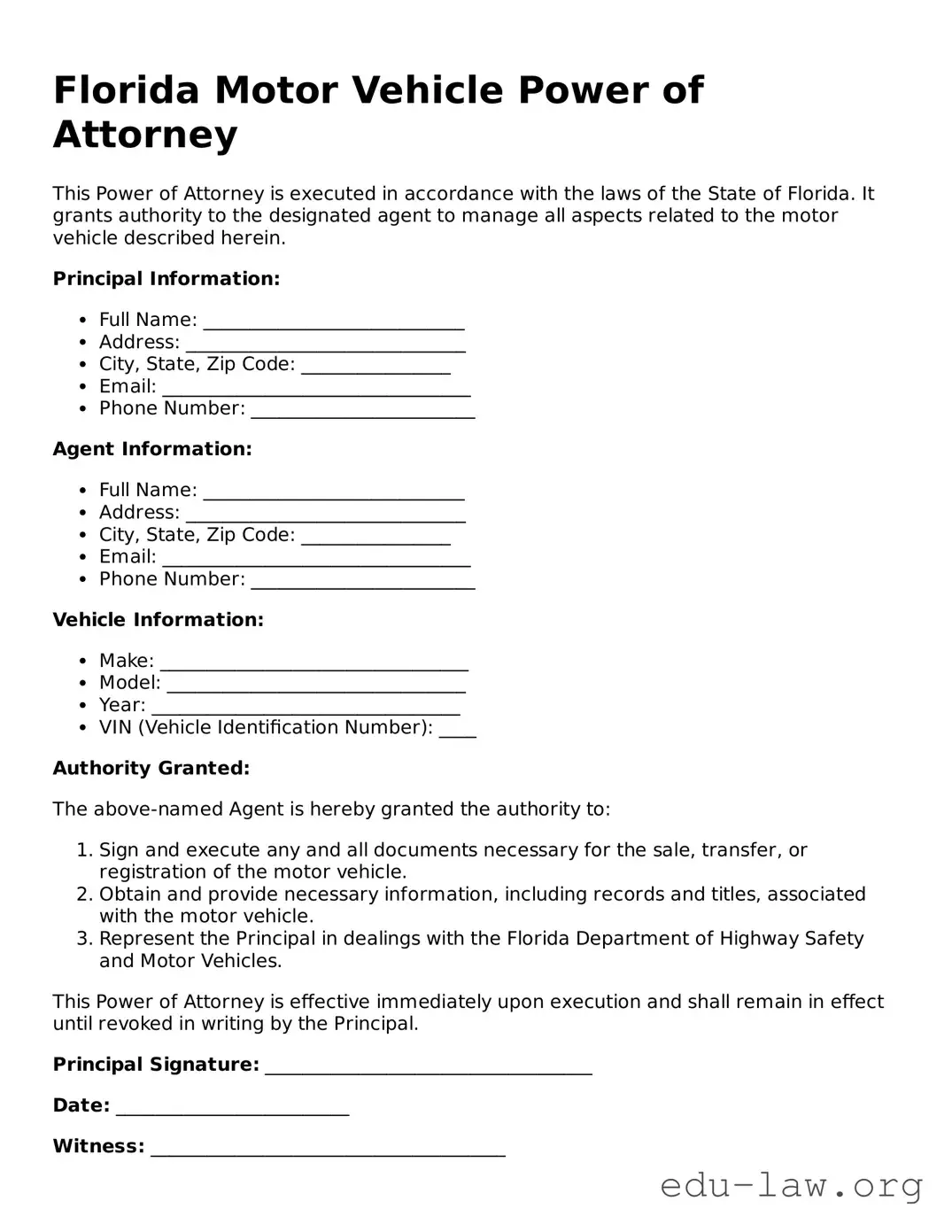 Legal  Motor Vehicle Power of Attorney Template for Florida