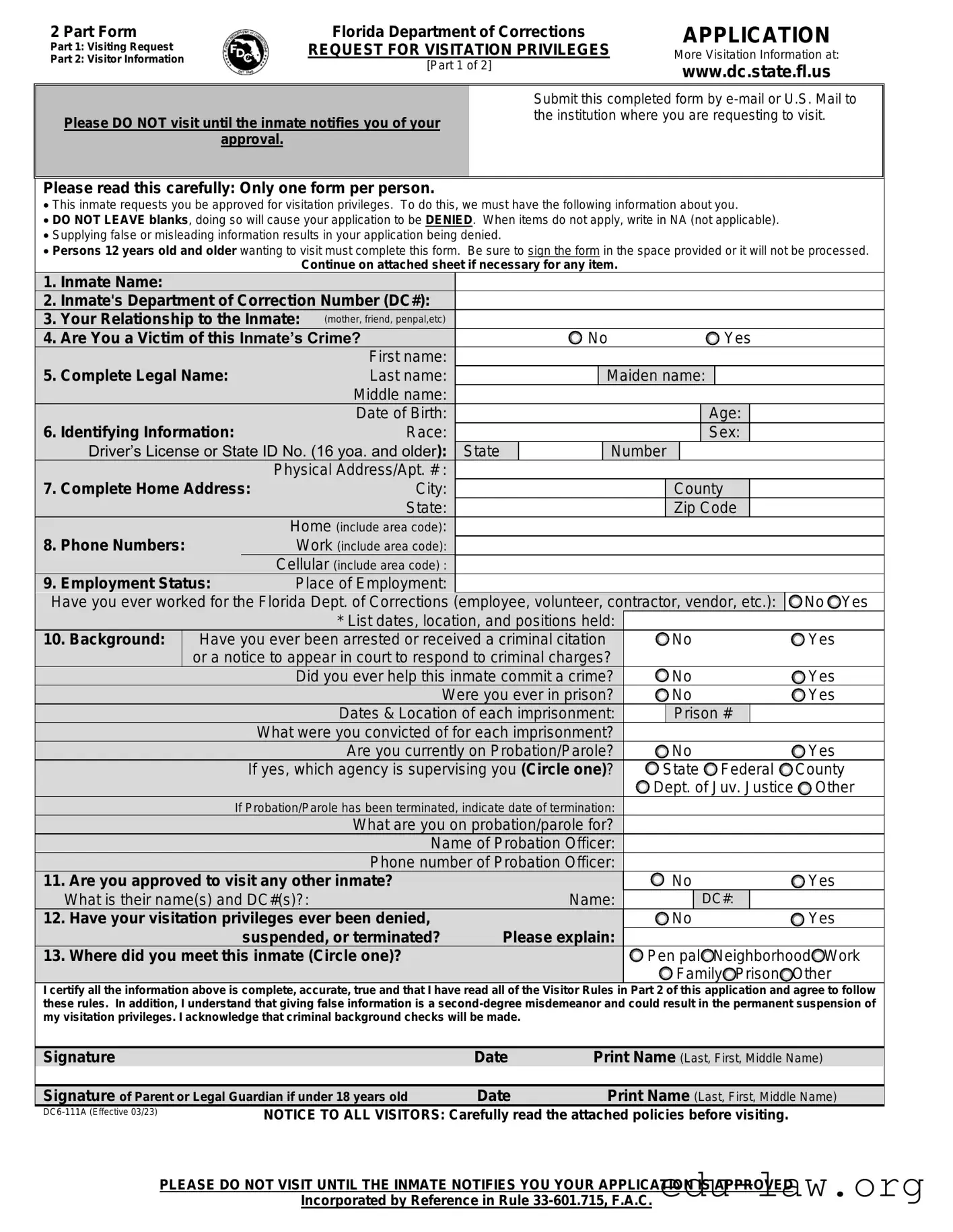 Fill in Your Department Of Corrections Visitation Florida Template