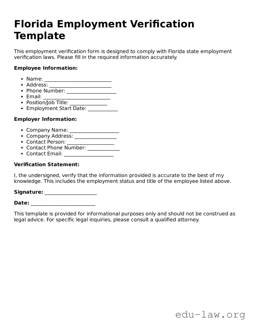 Legal  Employment Verification Template for Florida