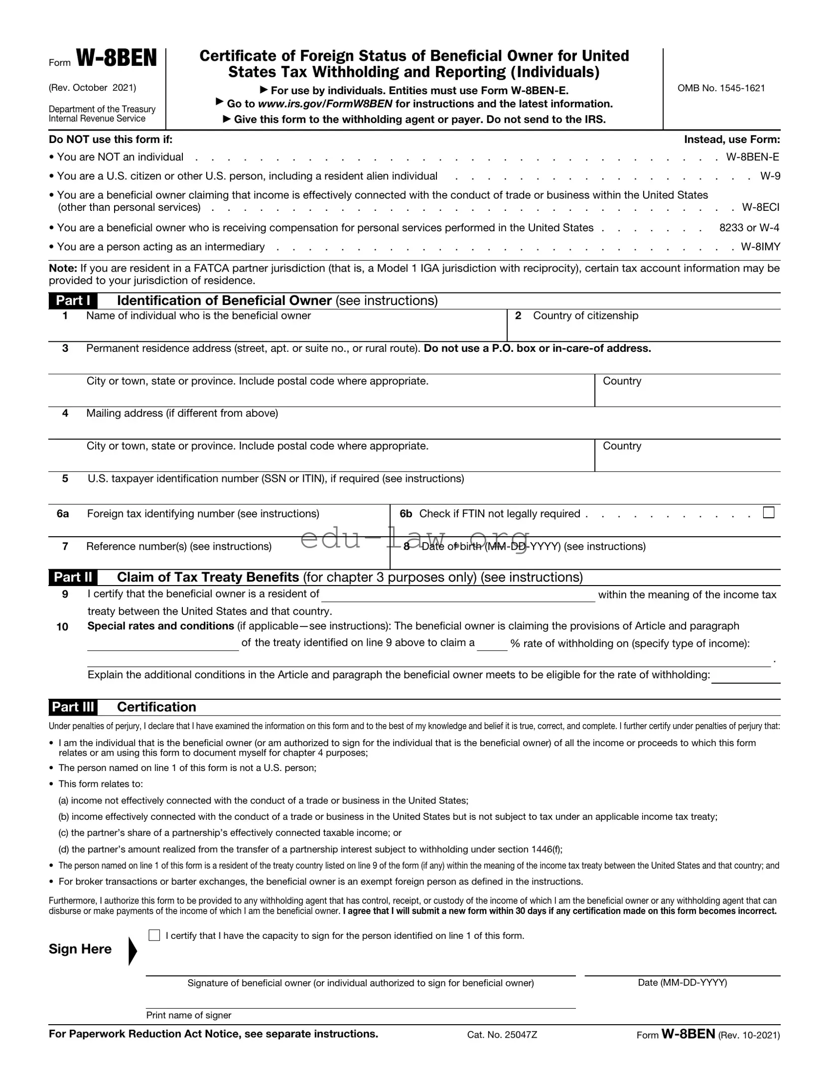 Fill in Your IRS W-8BEN Template