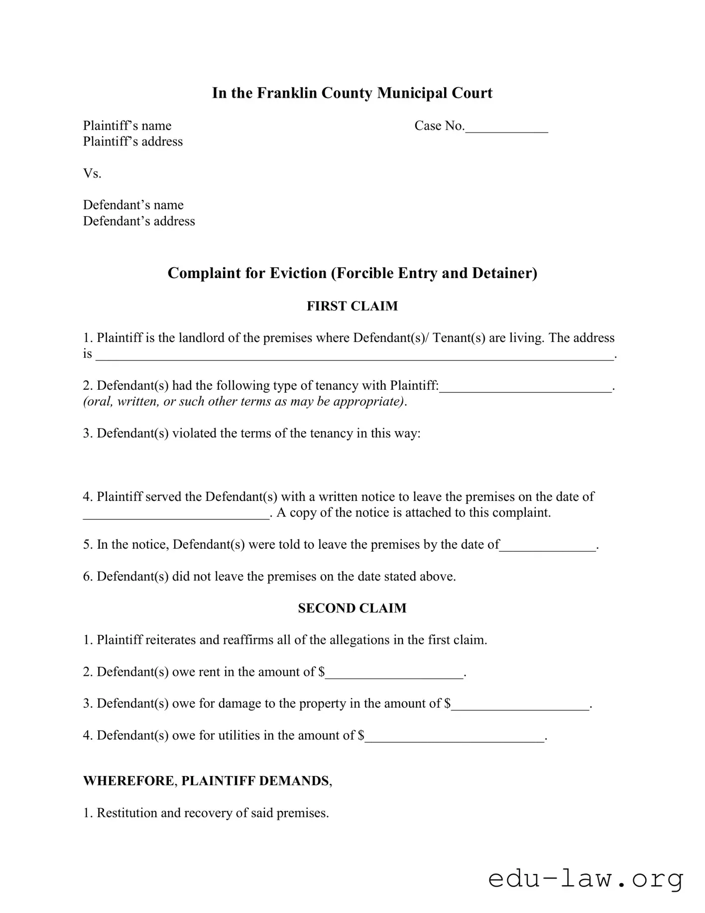Fill in Your Eviction Complaint Franklin County Template