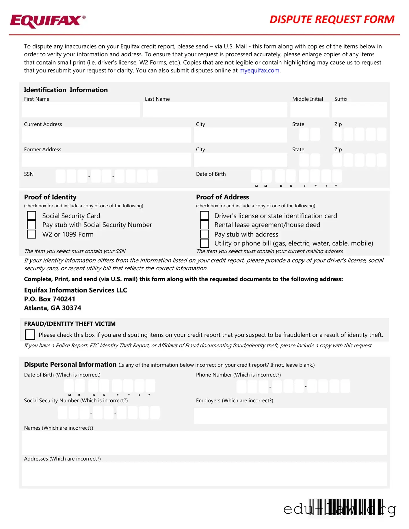 Fill in Your Equifax Dispute Request Template
