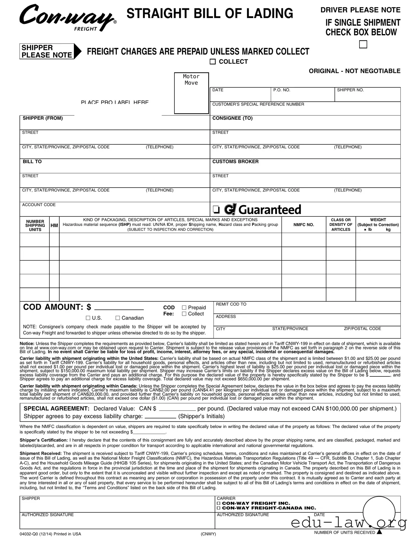 Fill in Your Con Way Bill Of Lading Template
