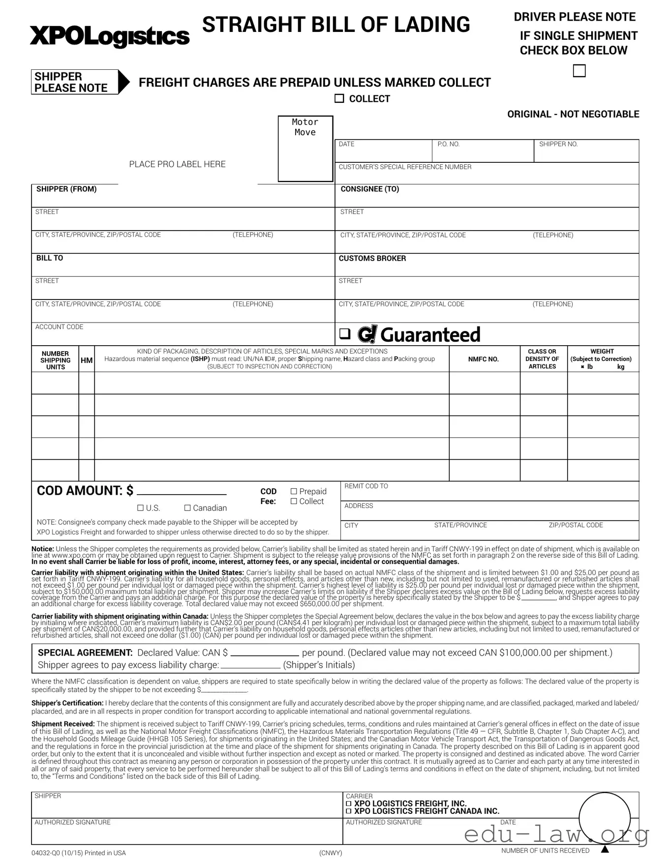 Fill in Your Xpo Logistics Bill Of Lading Template