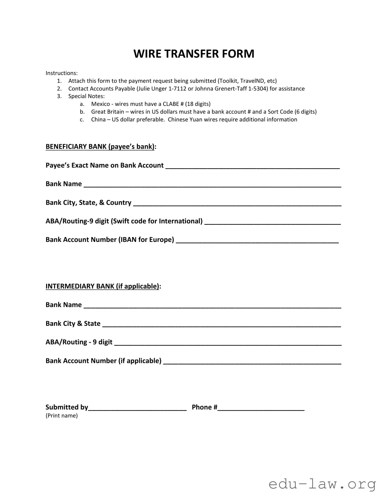Fill in Your Wire Transfer Template