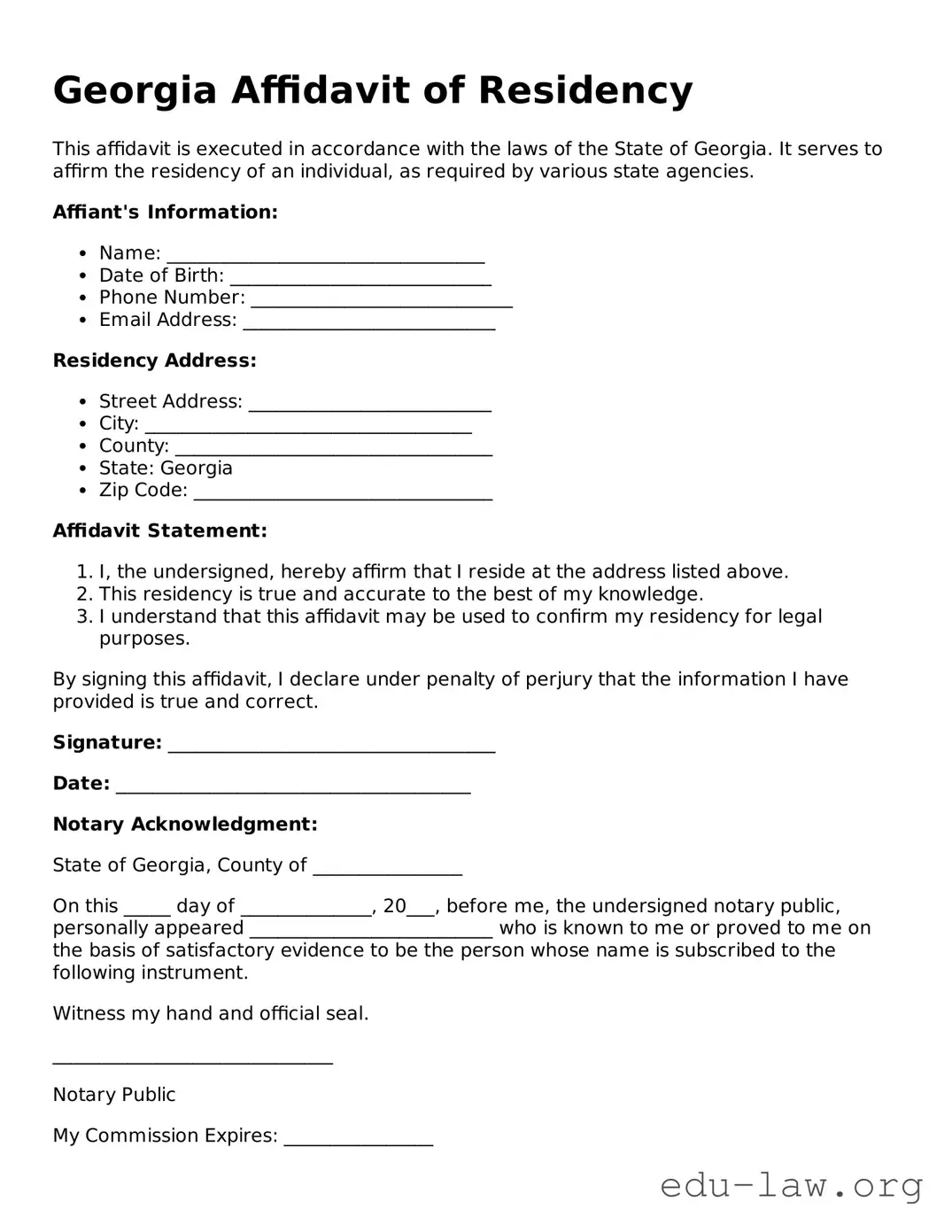 Legal  Affidavit of Residency Template for Georgia