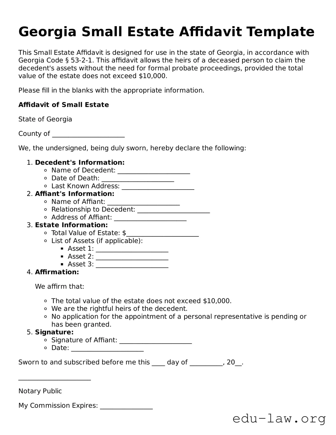 Legal  Small Estate Affidavit Template for Georgia