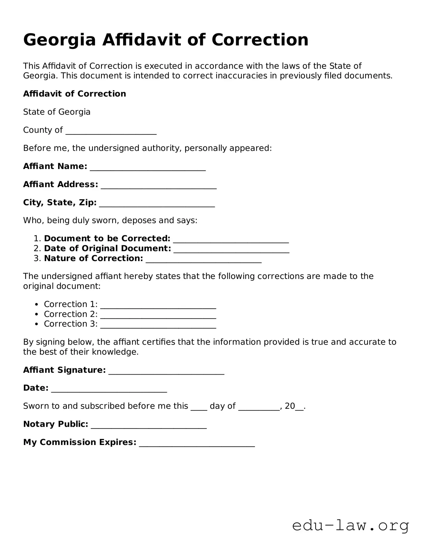 Legal  Affidavit of Correction Template for Georgia