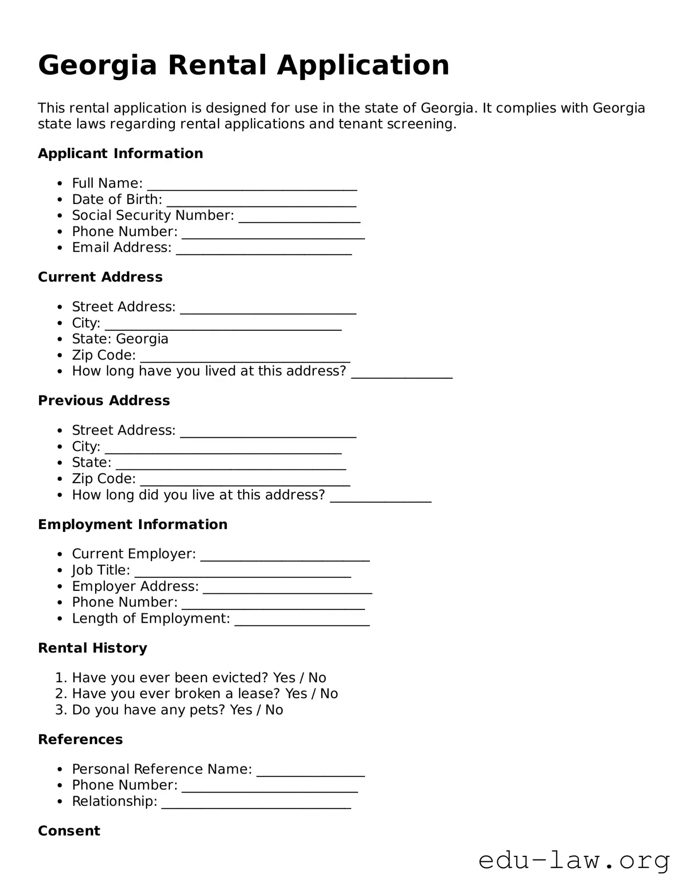 Legal  Rental Application Template for Georgia