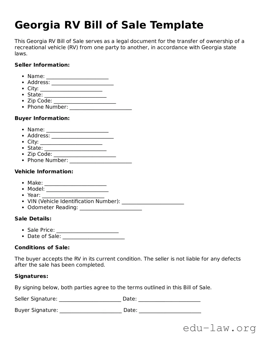 Legal  RV Bill of Sale Template for Georgia