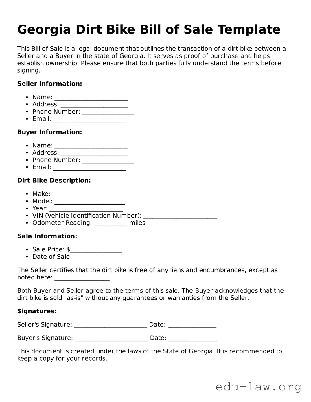 Legal  Dirt Bike Bill of Sale Template for Georgia