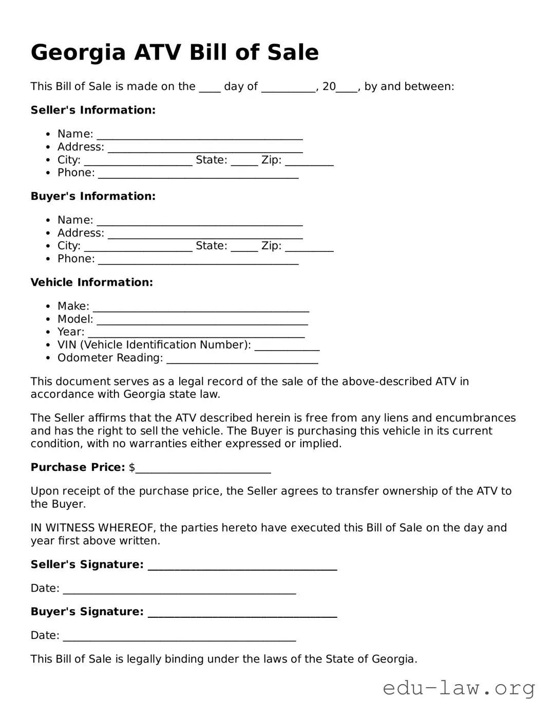 Legal  ATV Bill of Sale Template for Georgia