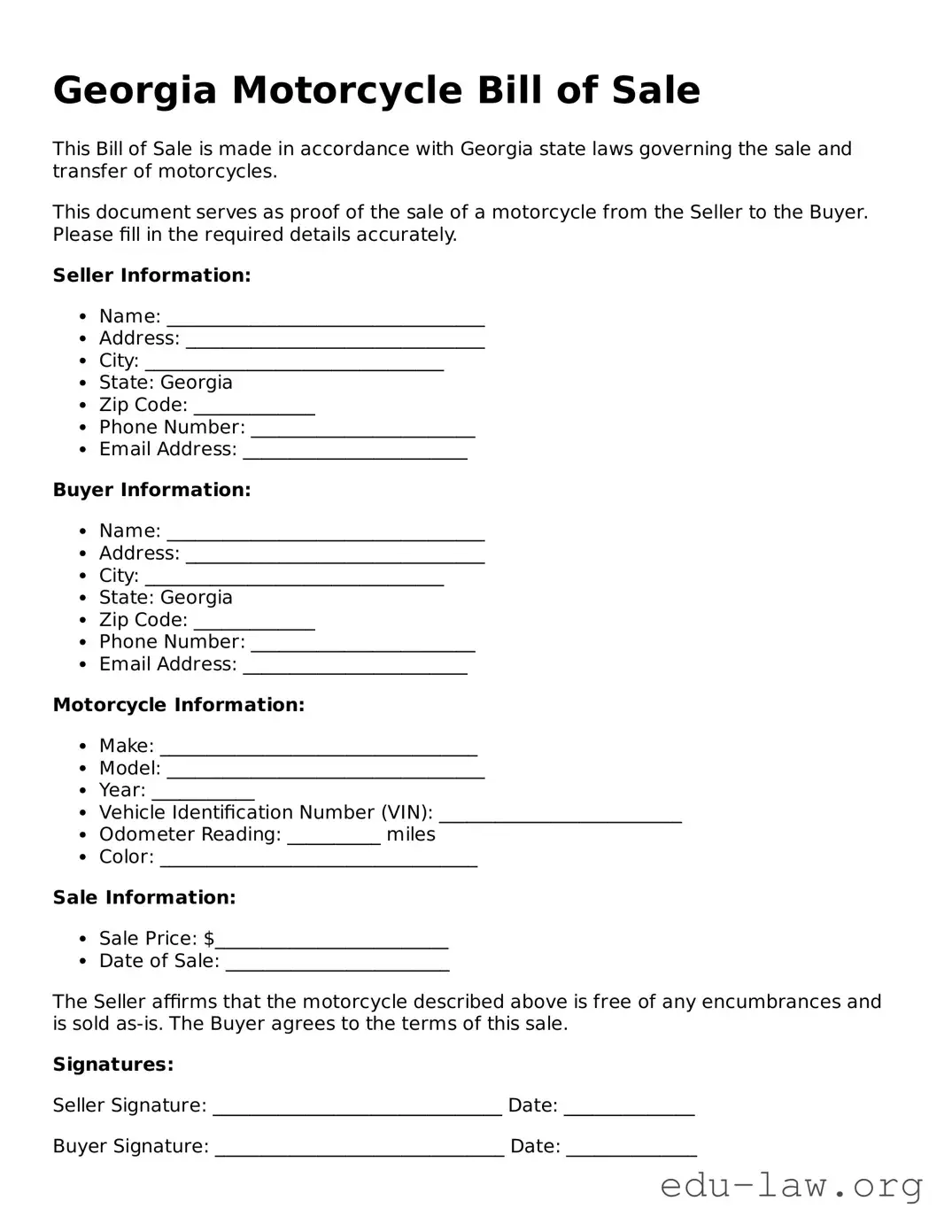 Legal  Motorcycle Bill of Sale Template for Georgia