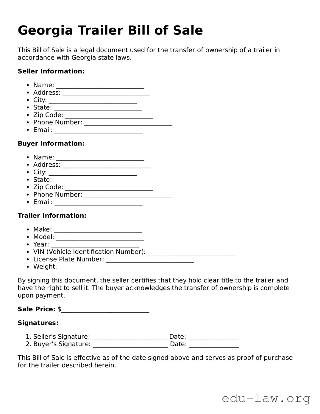 Legal  Trailer Bill of Sale Template for Georgia