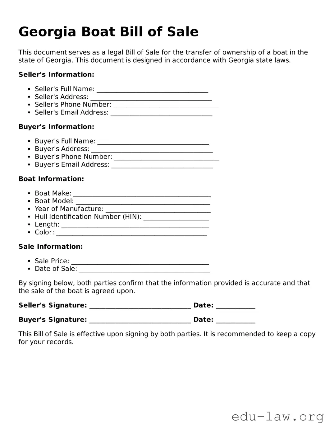 Legal  Boat Bill of Sale Template for Georgia
