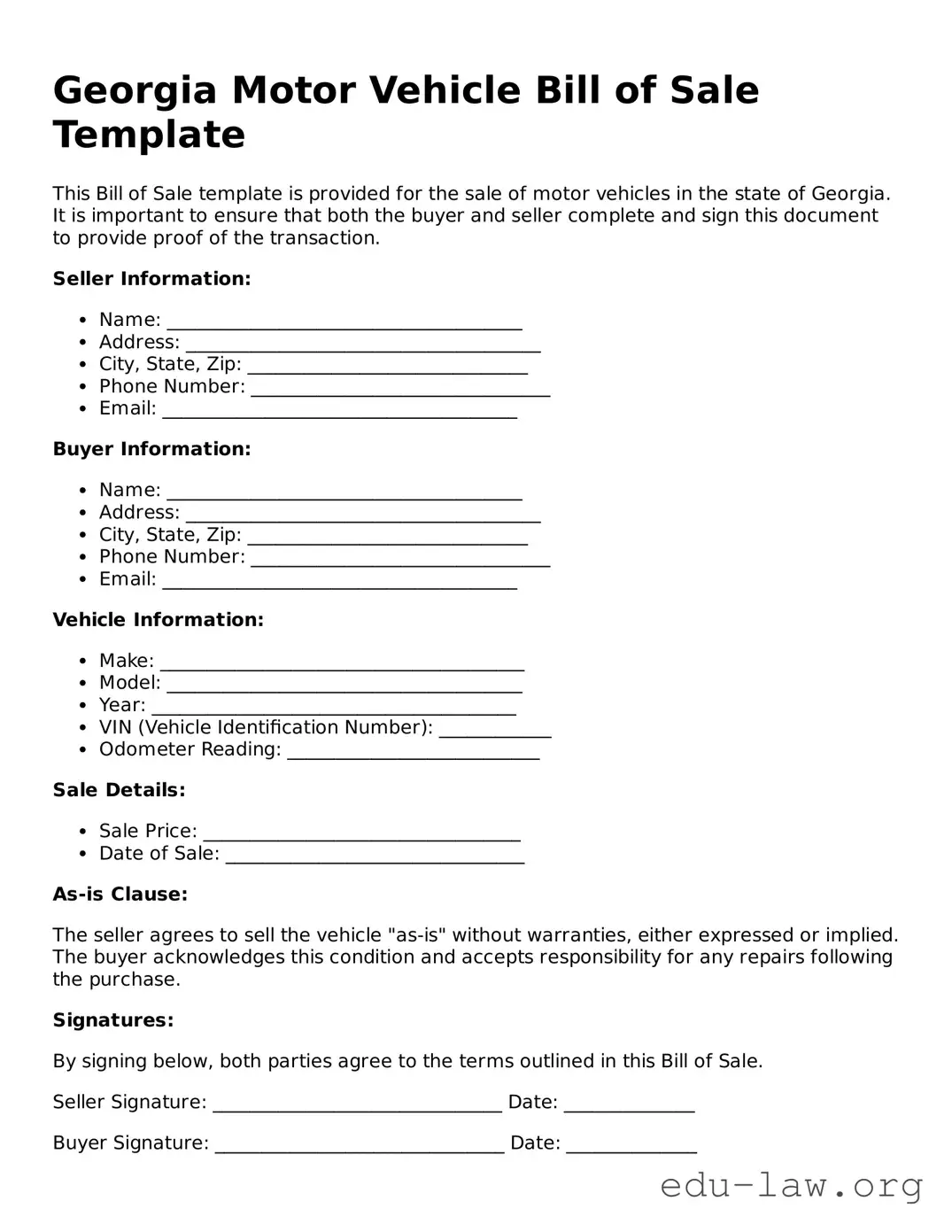 Legal  Motor Vehicle Bill of Sale Template for Georgia