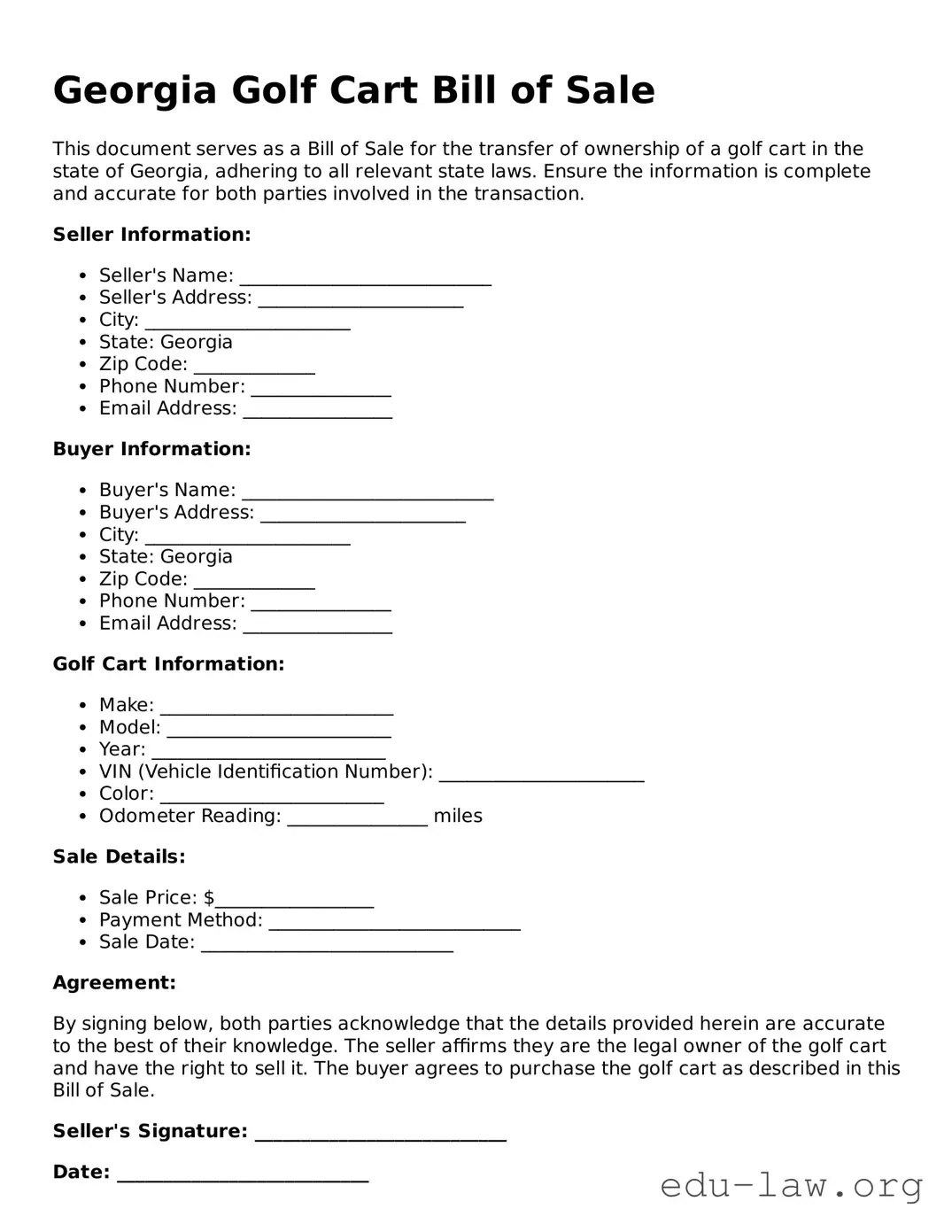 Legal  Golf Cart Bill of Sale Template for Georgia