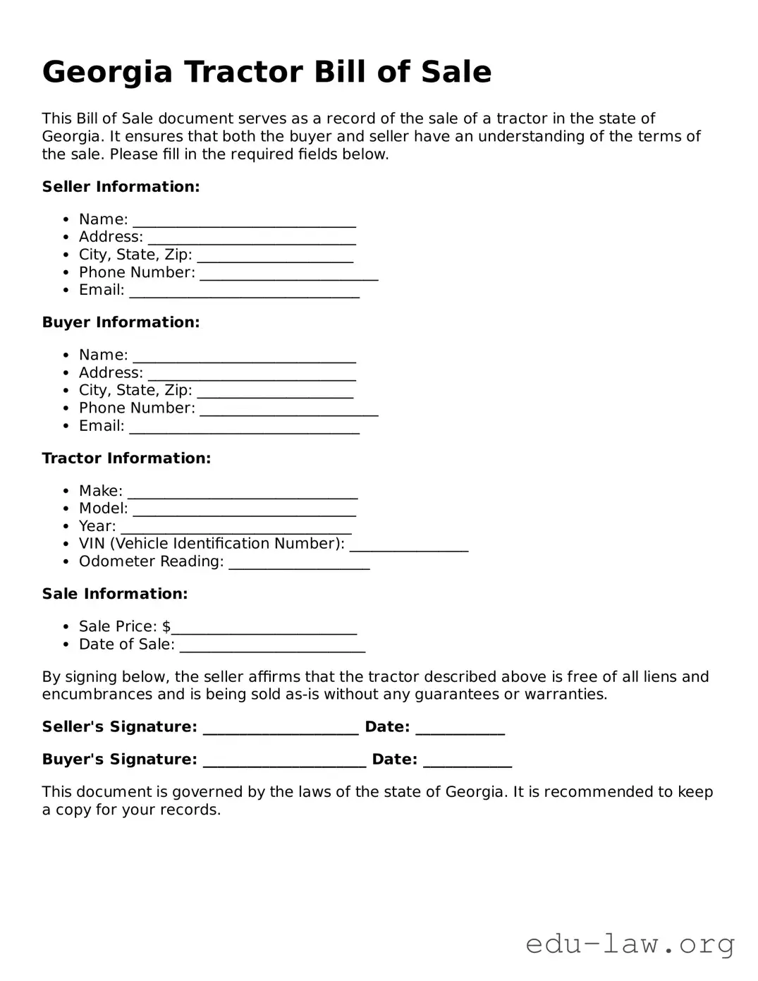 Legal  Tractor Bill of Sale Template for Georgia