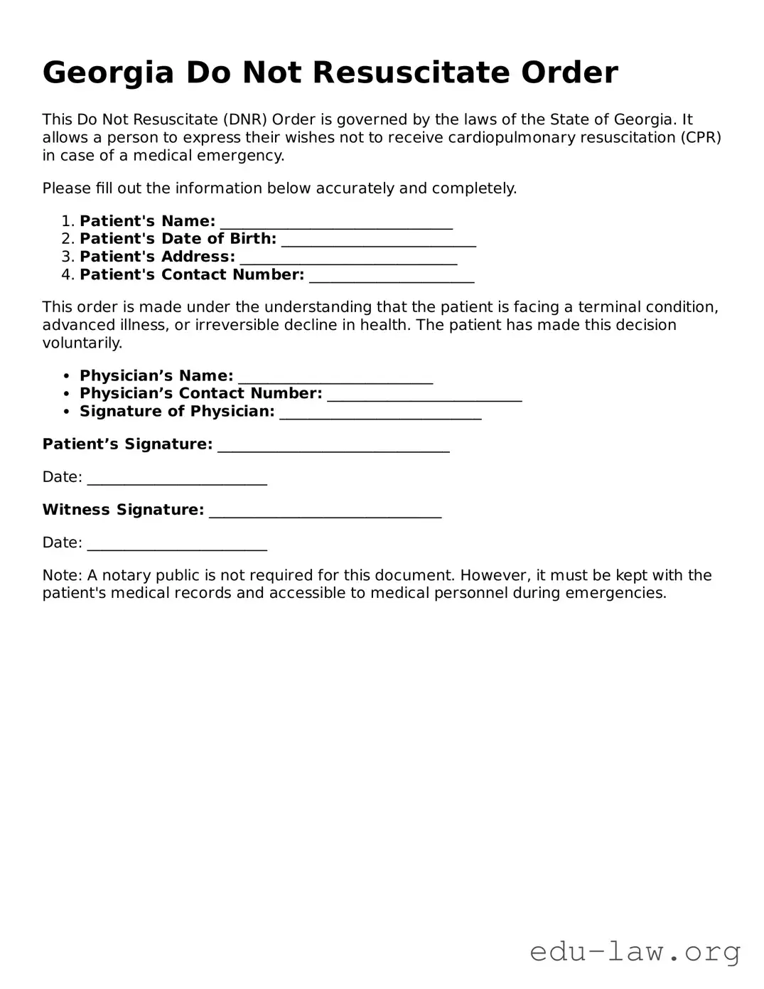 Legal  Do Not Resuscitate Order Template for Georgia