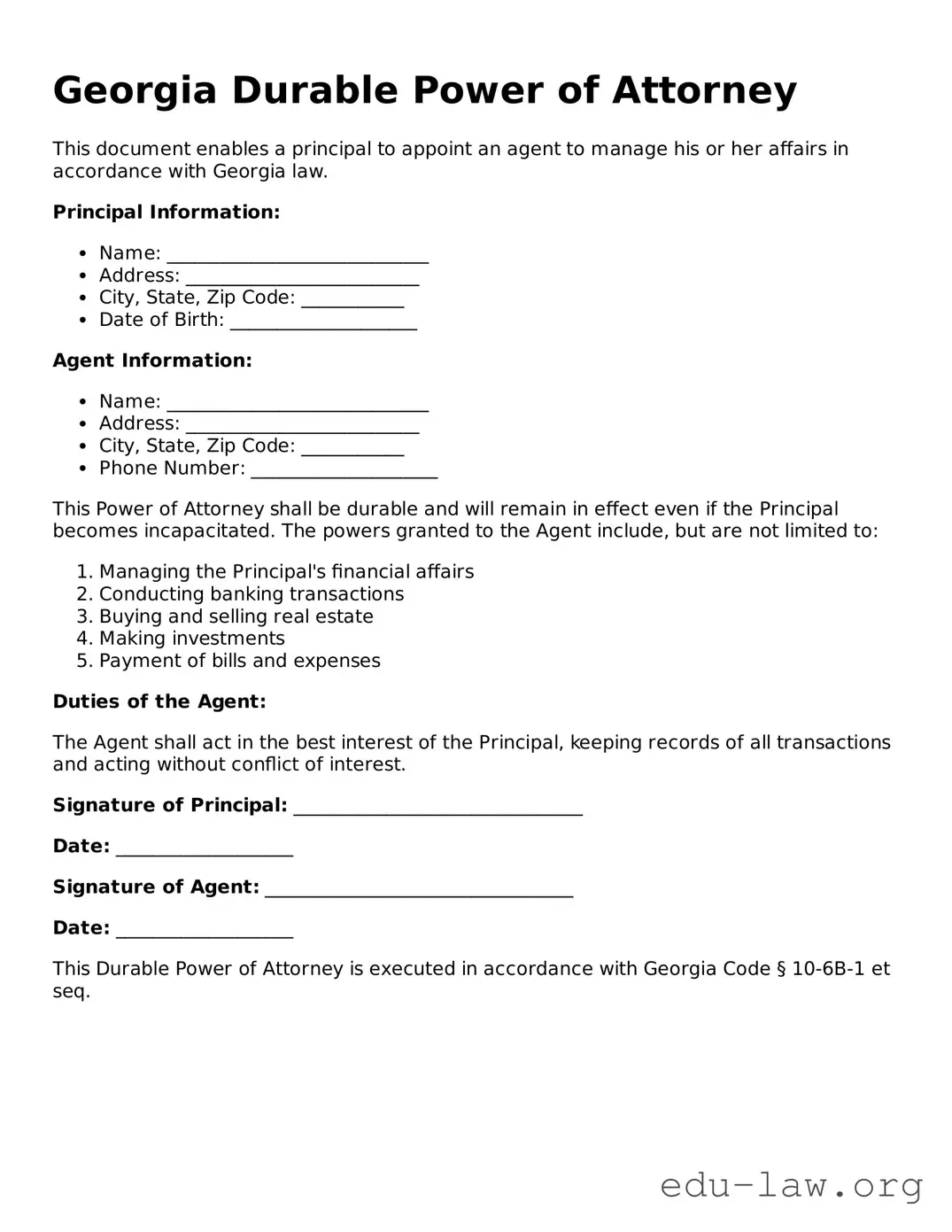 Legal  Durable Power of Attorney Template for Georgia