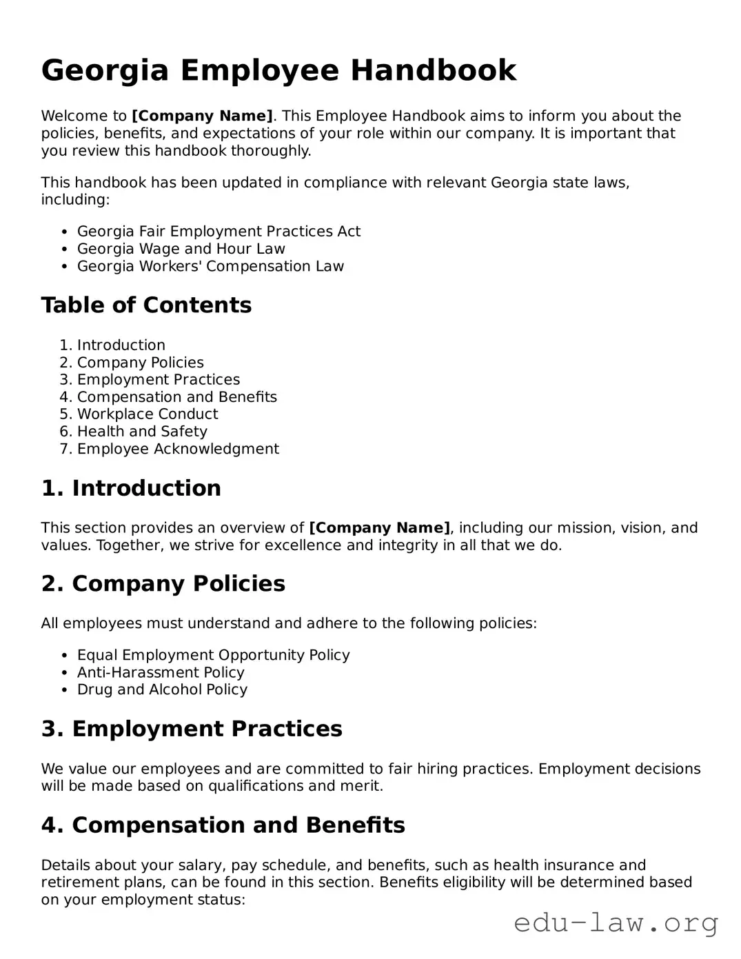 Legal  Employee Handbook Template for Georgia