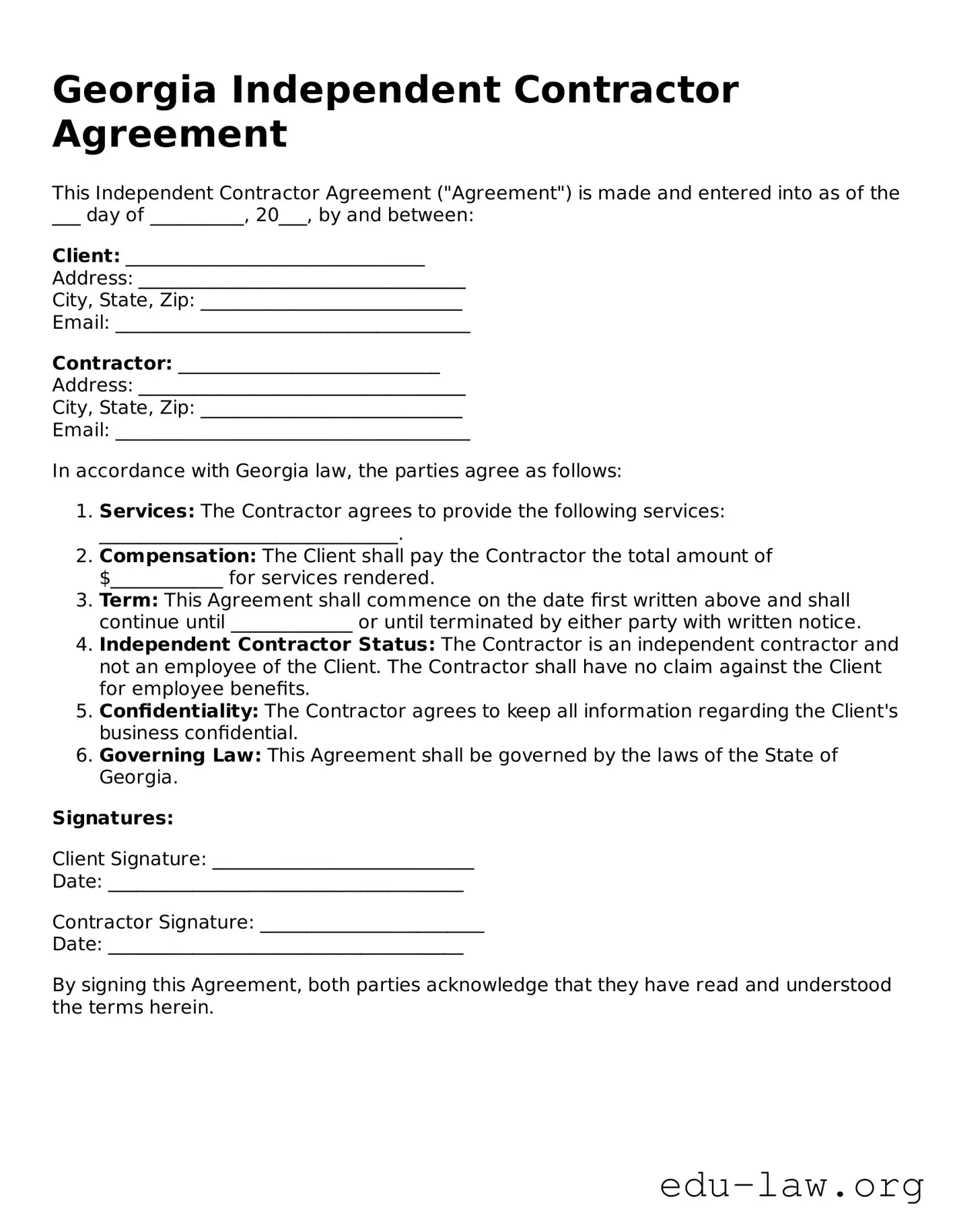Legal  Independent Contractor Agreement Template for Georgia