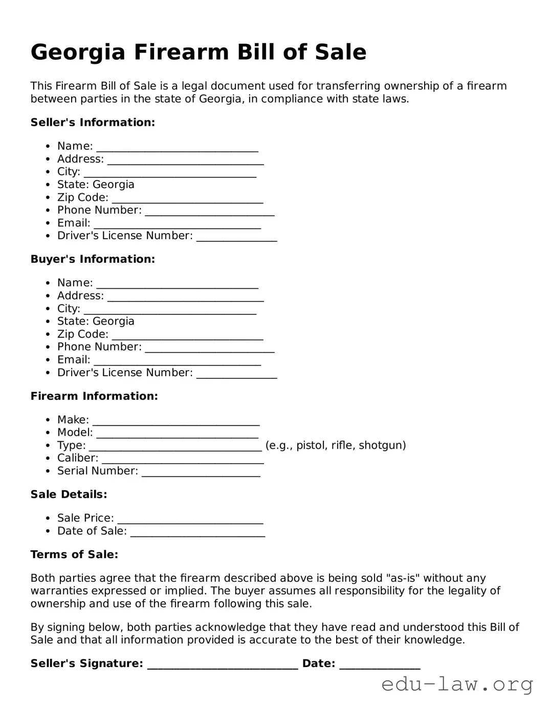 Legal  Firearm Bill of Sale Template for Georgia