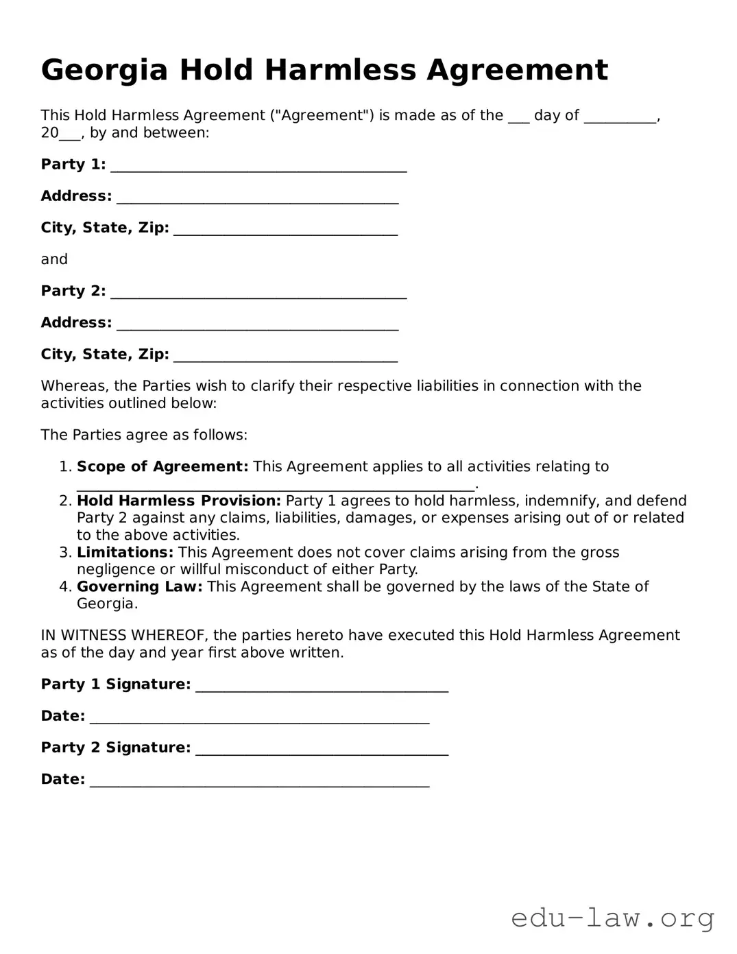 Legal  Hold Harmless Agreement Template for Georgia