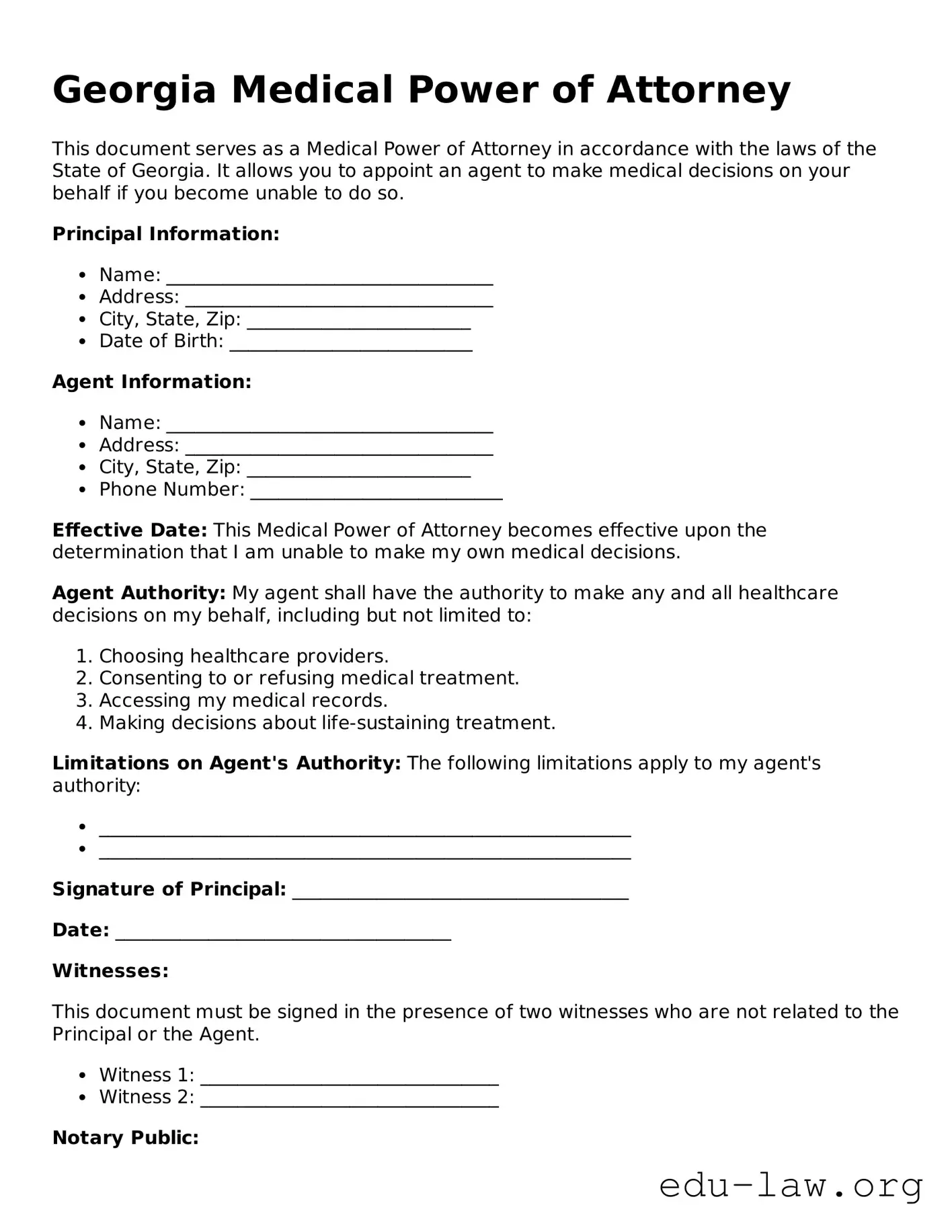 Legal  Medical Power of Attorney Template for Georgia