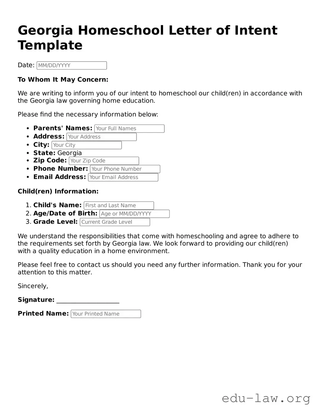 Legal  Homeschool Letter of Intent Template for Georgia